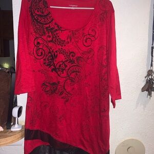 Catherines Red Scoop Neck Tunic with Black Floral Print